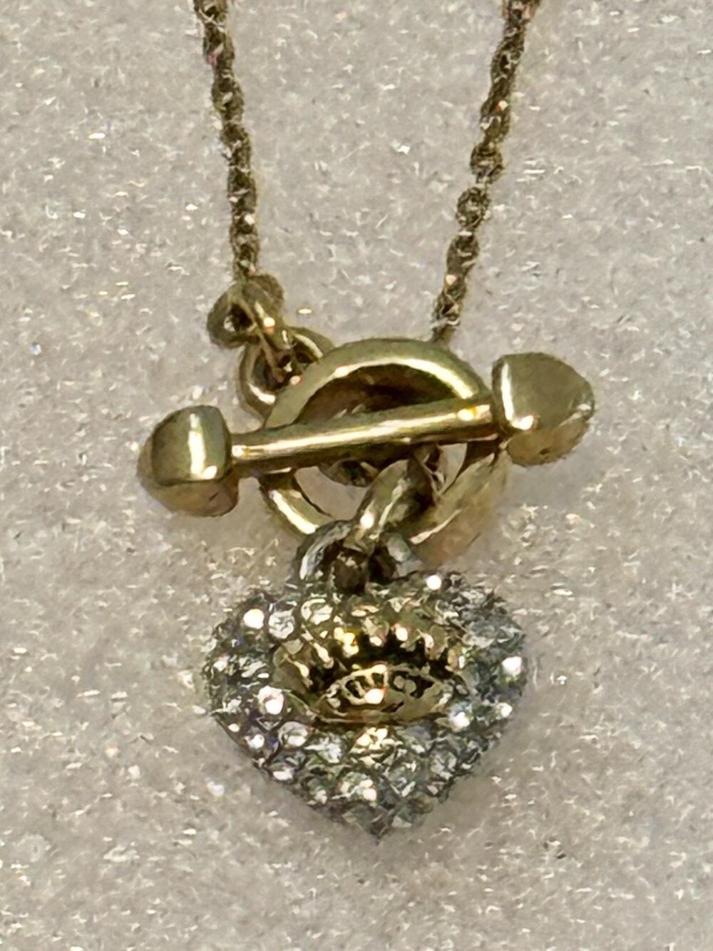 Vintage Juicy Couture Gold Tone Pavé Crystal Crown Heart Toggle 16” Necklace Y2K